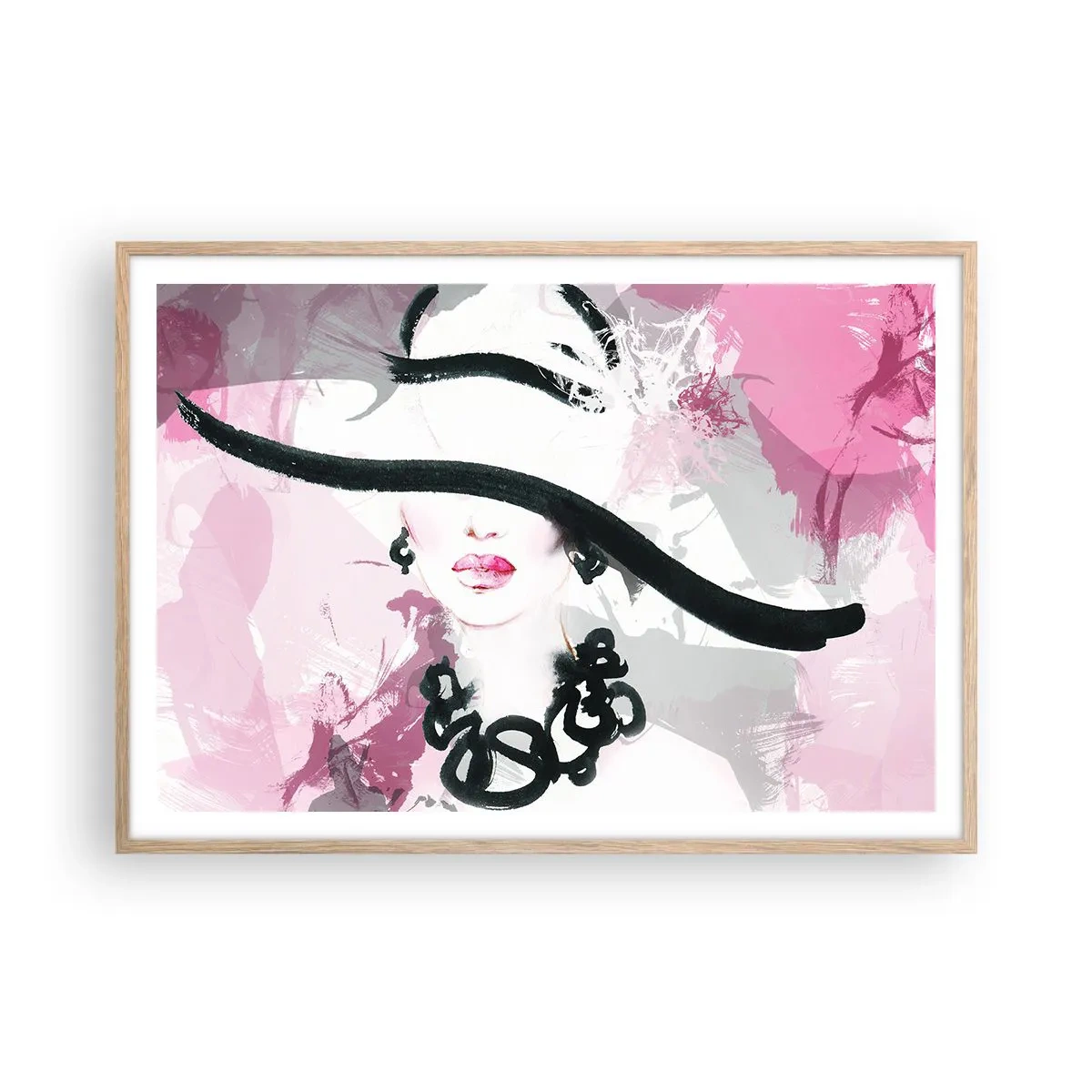 Poster in einem Rahmen aus heller Eiche - Bildnis einer Dame in Schwarz und Pink - 100x70 cm