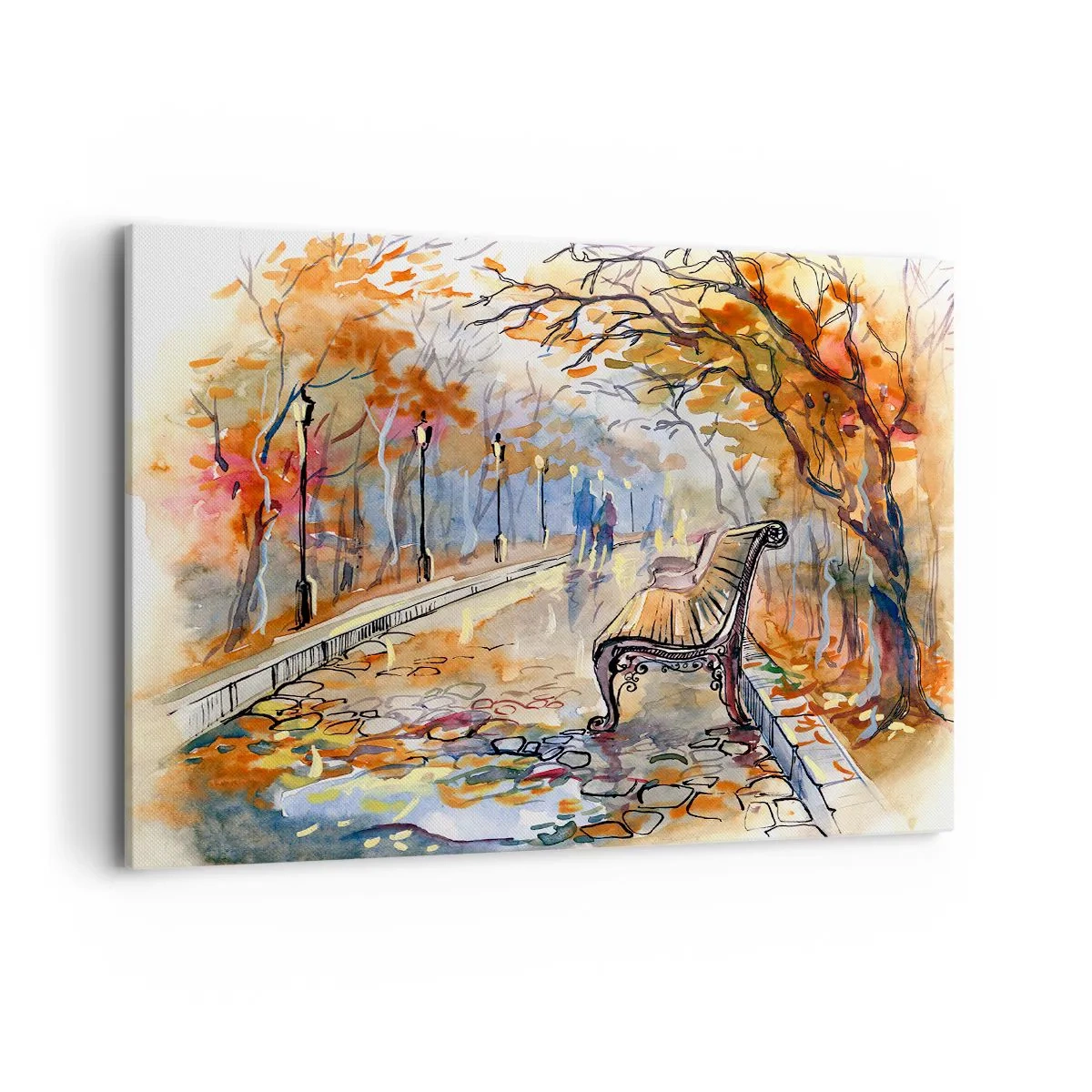Bild auf Leinwand - Leinwandbild - Ein herbstlicher Park mit einer Bank in Aquarell - 100x70cm - Gemeinsam im Herbst wandern - Moderne Wanddekoration für Wohnzimmer und Schlafzimmer ARTTOR