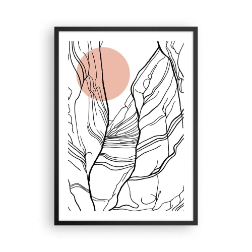 Poster in einem schwarzem Rahmen - Minimalistische Strichzeichnung mit einem rosa Kreis im Hintergrund - 50x70cm - In einem Netz aus Zweigen - Moderne Wanddekoration für Wohnzimmer und Schlafzimmer ARTTOR