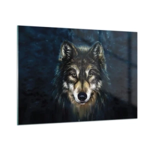 Glasbild - Bild auf glas - Ein Wolf vor einem dunklen Waldhintergrund im realistischen Stil. - 100x70cm - Alpha? Und Omega - Moderne Wanddekoration für Wohnzimmer und Schlafzimmer ARTTOR