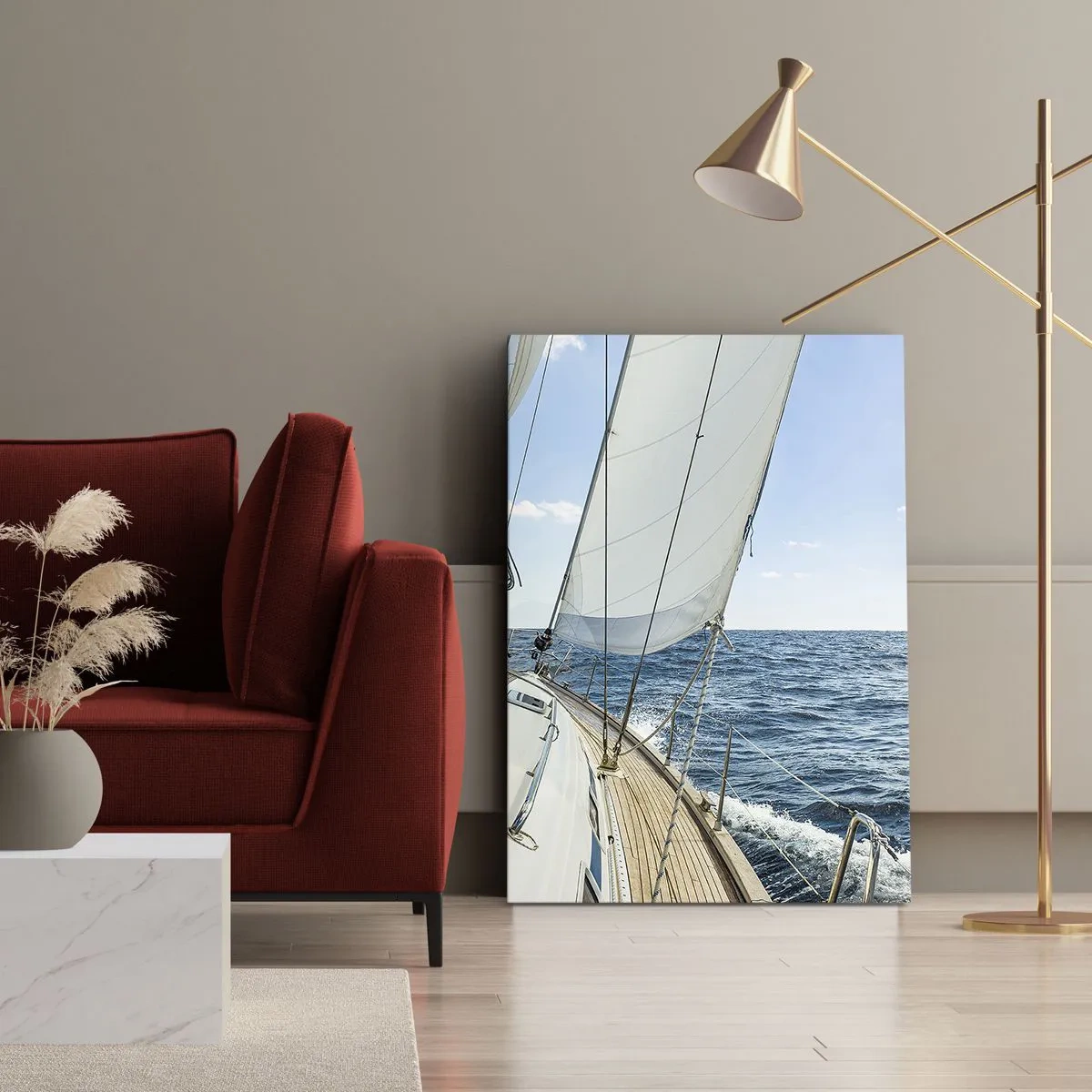 Bild auf Leinwand - Leinwandbild - Ein Segelboot auf ruhiger See unter blauem Himmel - 80x120cm - Ahoi, Abenteuer - Moderne Wanddekoration für Wohnzimmer und Schlafzimmer ARTTOR