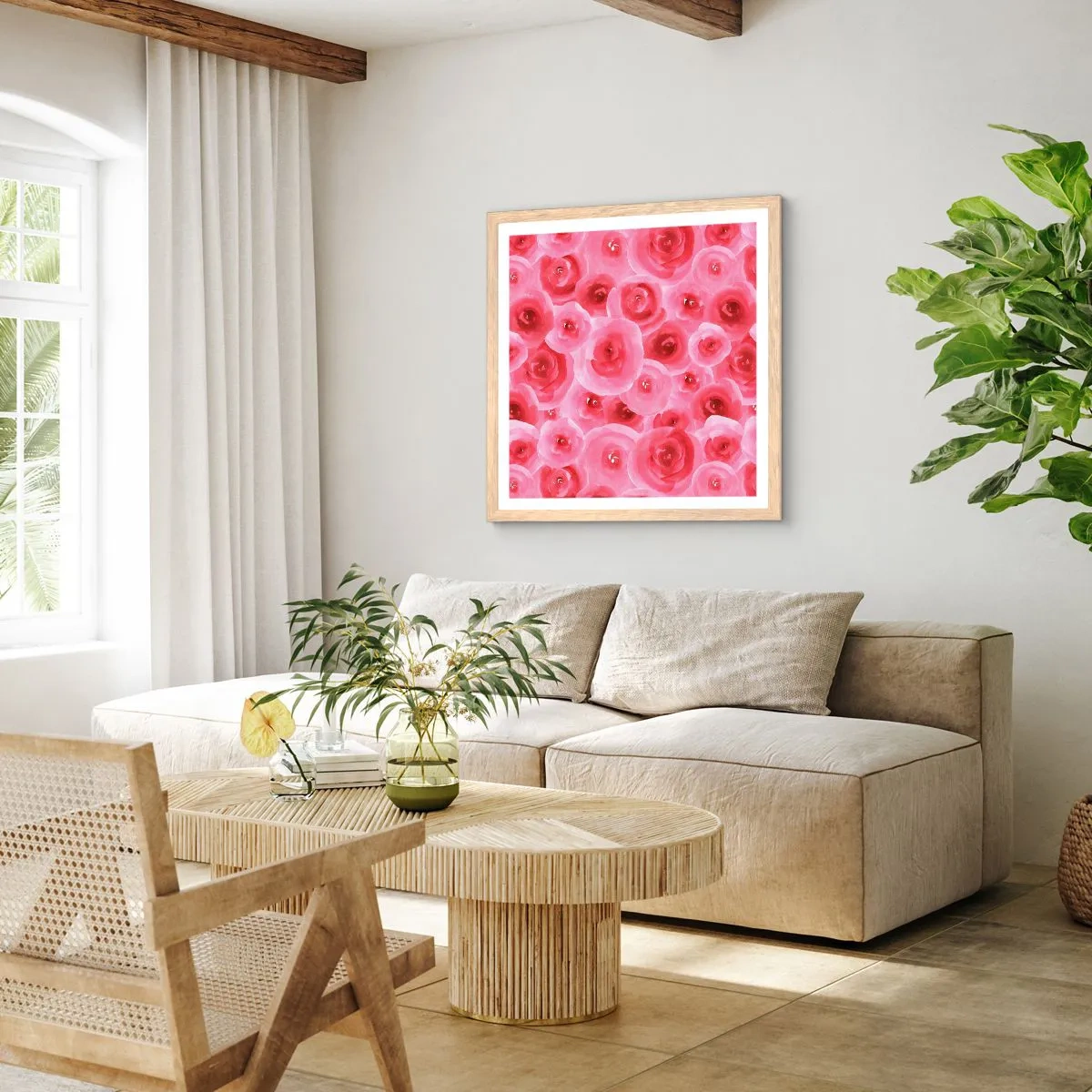 Poster in einem Rahmen aus heller Eiche - Oben und unten Rosen - 50x50 cm