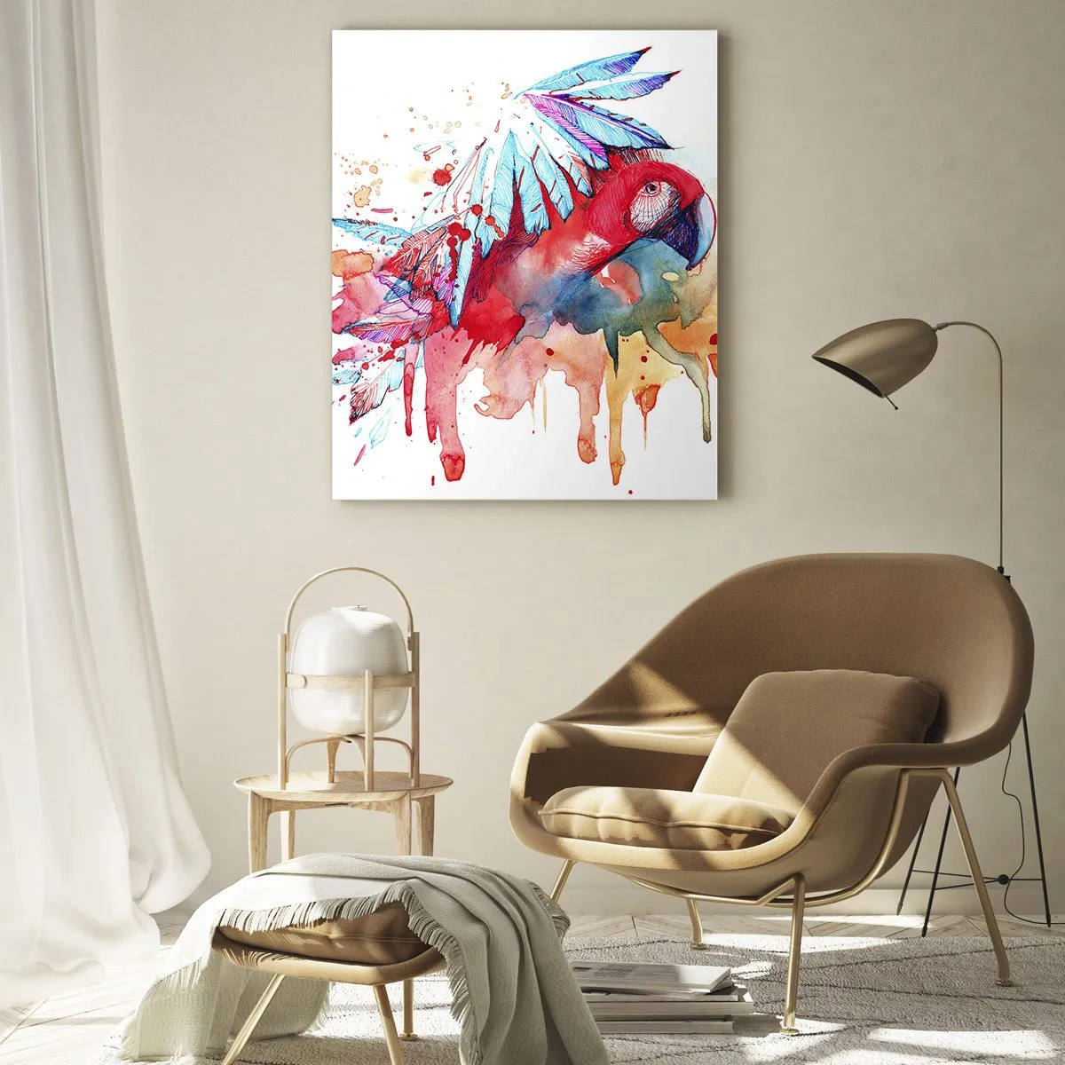 Glasbild - Bild auf glas - Ein Papagei im künstlerischen Aquarellstil - 80x120cm - Bunte Papageien - Moderne Wanddekoration für Wohnzimmer und Schlafzimmer ARTTOR