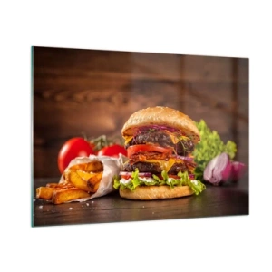 Glasbild - Bild auf glas - Saftiger Burger mit Toppings und Pommes auf Holzhintergrund - 100x70cm - Die verbotene Frucht - Moderne Wanddekoration für Wohnzimmer und Schlafzimmer ARTTOR