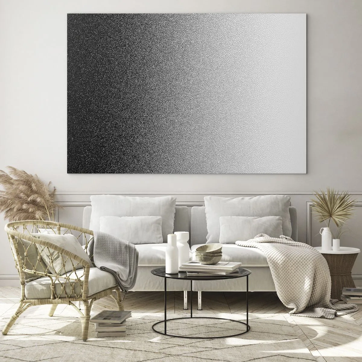 Glasbild - Bild auf glas - Schwarz-Weiß-Farbverlauf mit Körnigkeits- und Lichteffekten - 70x50cm - Dem Licht entgegen - Moderne Wanddekoration für Wohnzimmer und Schlafzimmer ARTTOR