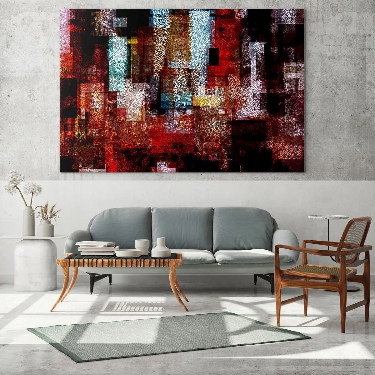 Glasbild - Bild auf glas - Abstrakte geometrische Komposition in Rottönen - 70x50cm - Verwirrung mit Verwirrung - Moderne Wanddekoration für Wohnzimmer und Schlafzimmer ARTTOR