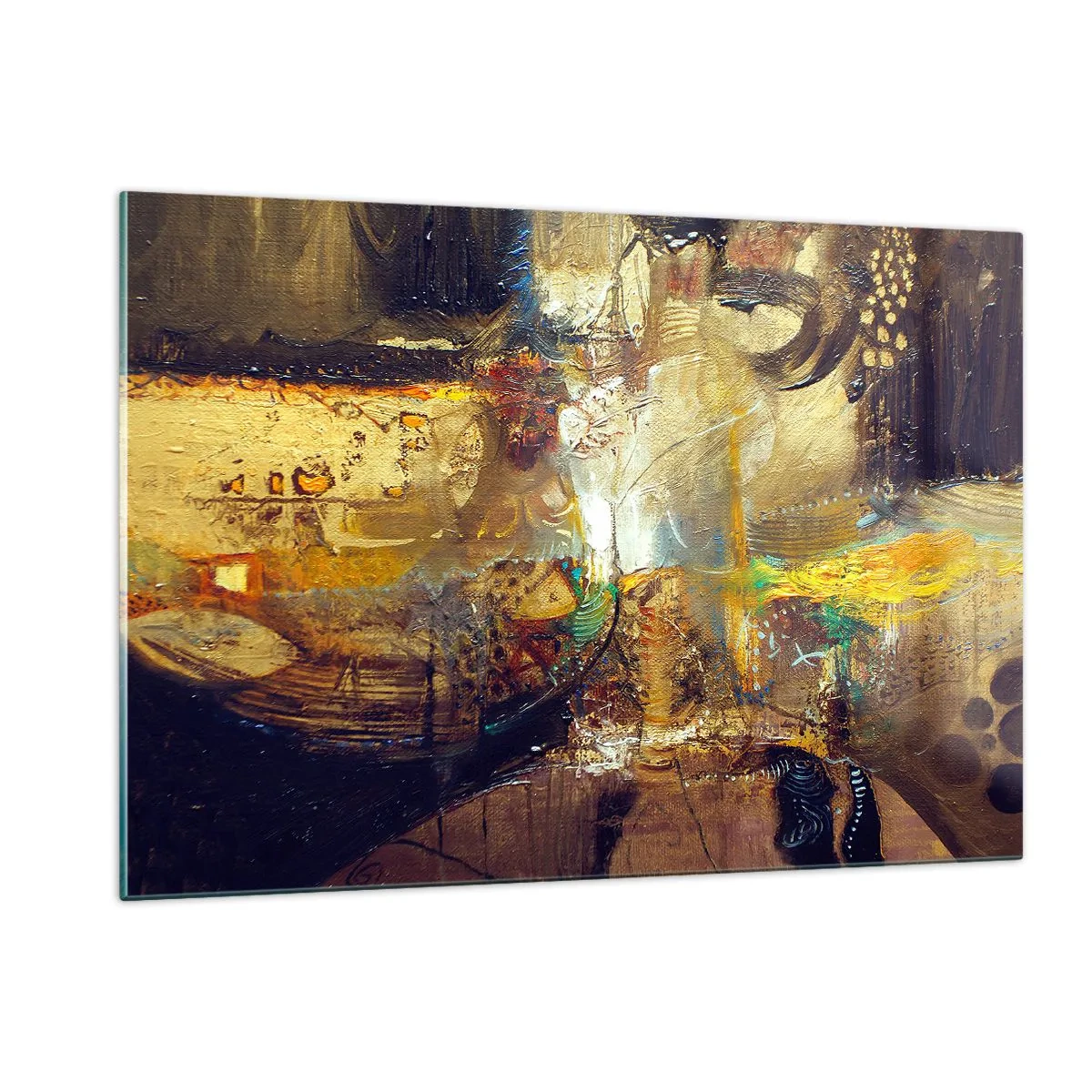 Glasbild - Bild auf glas - Abstrakte Komposition in Gold- und Brauntönen - 120x80cm - Kalt, wärmer, heiß - Moderne Wanddekoration für Wohnzimmer und Schlafzimmer ARTTOR