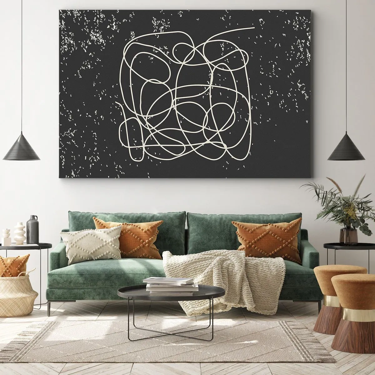 Bild auf Leinwand - Leinwandbild - Abstrakte Linie auf schwarzem Hintergrund mit feinen Details - 70x50cm - Wandernde, umherschweifende Gedanken - Moderne Wanddekoration für Wohnzimmer und Schlafzimmer ARTTOR