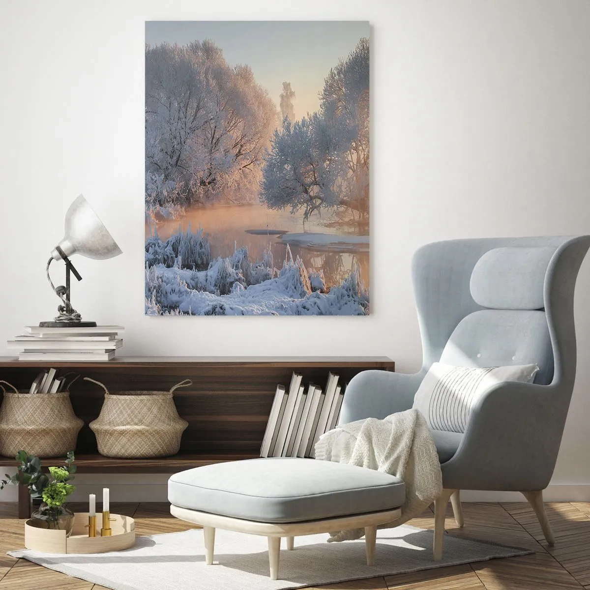 Glasbild - Bild auf glas - Winterlandschaft mit schneebedeckten Bäumen und einem Sonnenuntergang - 80x120cm - Alles im Kristall glänzt in der Sonne - Moderne Wanddekoration für Wohnzimmer und Schlafzimmer ARTTOR