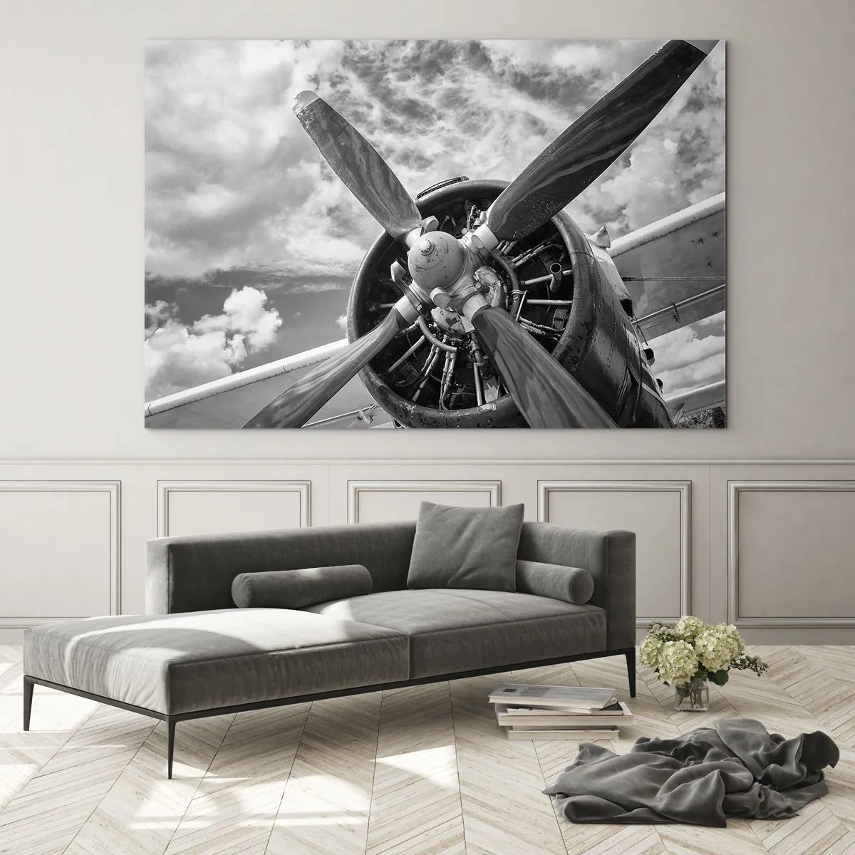 Glasbild - Bild auf glas - Eine Nahaufnahme eines Flugzeugpropellers in Schwarzweiß. - 70x50cm - Eroberer der Lüfte - Moderne Wanddekoration für Wohnzimmer und Schlafzimmer ARTTOR