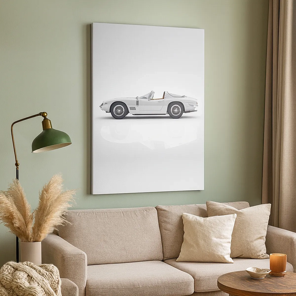 Bild auf Leinwand - Leinwandbild - Klassisches weißes Cabrio auf hellem Hintergrund - 50x70cm - Spaß versprochen - Moderne Wanddekoration für Wohnzimmer und Schlafzimmer ARTTOR