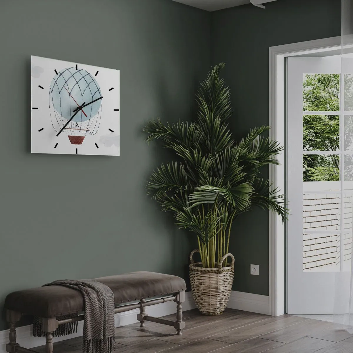 Wanduhr - Glasuhr - Ein handbemalter Ballon vor dem Hintergrund zarter Wolken. - 30x30cm - Ganz in den Wolken - Moderne Wanddekoration für Wohnzimmer und Schlafzimmer ARTTOR