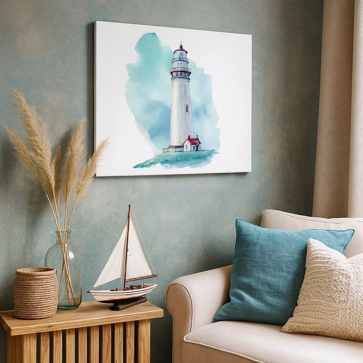 Bild auf Leinwand - Leinwandbild - Ein Leuchtturm vor einem aquarellblauen Hintergrund - 70x50cm - Sanfte Schwester vom Blau - Moderne Wanddekoration für Wohnzimmer und Schlafzimmer ARTTOR