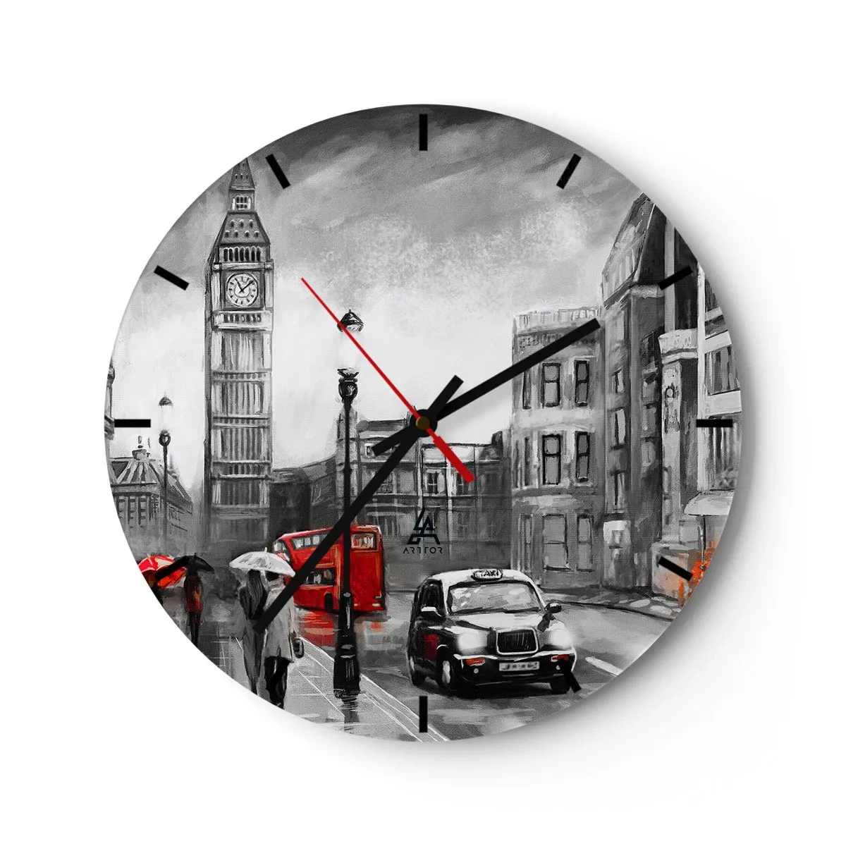 Wanduhr - Glasuhr - Big Ben und eine Londoner Straße mit einem roten Bus und Taxi - 30x30cm - Gar keine graue Stadt - Moderne Wanddekoration für Wohnzimmer, Küche und Schlafzimmer ARTTOR