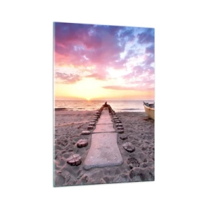 Glasbild - Bild auf glas - Sunrise Beach mit Boot und Pier - 80x120cm - Ein Moment tiefer Erfahrung - Moderne Wanddekoration für Wohnzimmer und Schlafzimmer ARTTOR