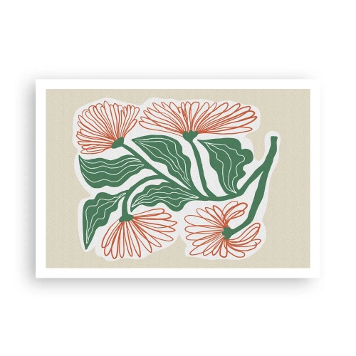 Poster - Eine Blumenzeichnung im minimalistischen Stil mit grünen Blättern - 100x70cm - Im Folkstil und modern - Moderne Wanddekoration für Wohnzimmer und Schlafzimmer ARTTOR