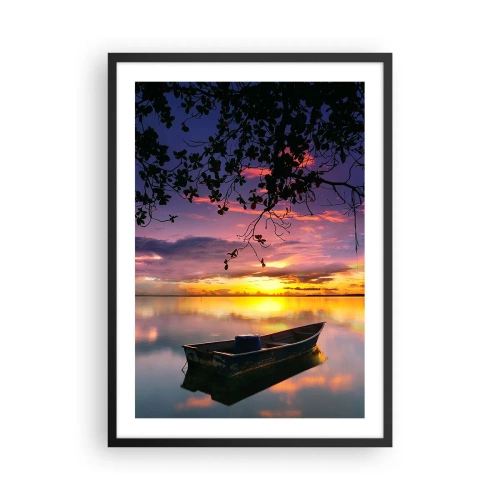 Poster in einem schwarzem Rahmen - Ein Boot auf einem ruhigen See bei Sonnenuntergang - 50x70cm - Du scheinst mitten am Himmel zu hängen... - Moderne Wanddekoration für Wohnzimmer und Schlafzimmer ARTTOR