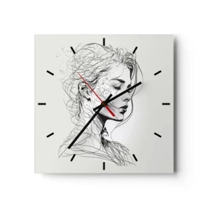 Wanduhr - Glasuhr - Ein zartes Frauenporträt im minimalistischen Grafikstil. - 30x30cm - Porträt im Gedanken - Moderne Wanddekoration für Wohnzimmer und Schlafzimmer ARTTOR
