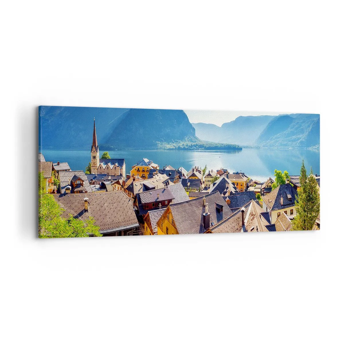 Bild auf Leinwand - Leinwandbild - Ein malerisches Dorf an einem See, umgeben von Bergen an einem sonnigen Tag - 120x50cm - Es könnte nicht malerischer sein - Moderne Wanddekoration für Wohnzimmer und Schlafzimmer ARTTOR