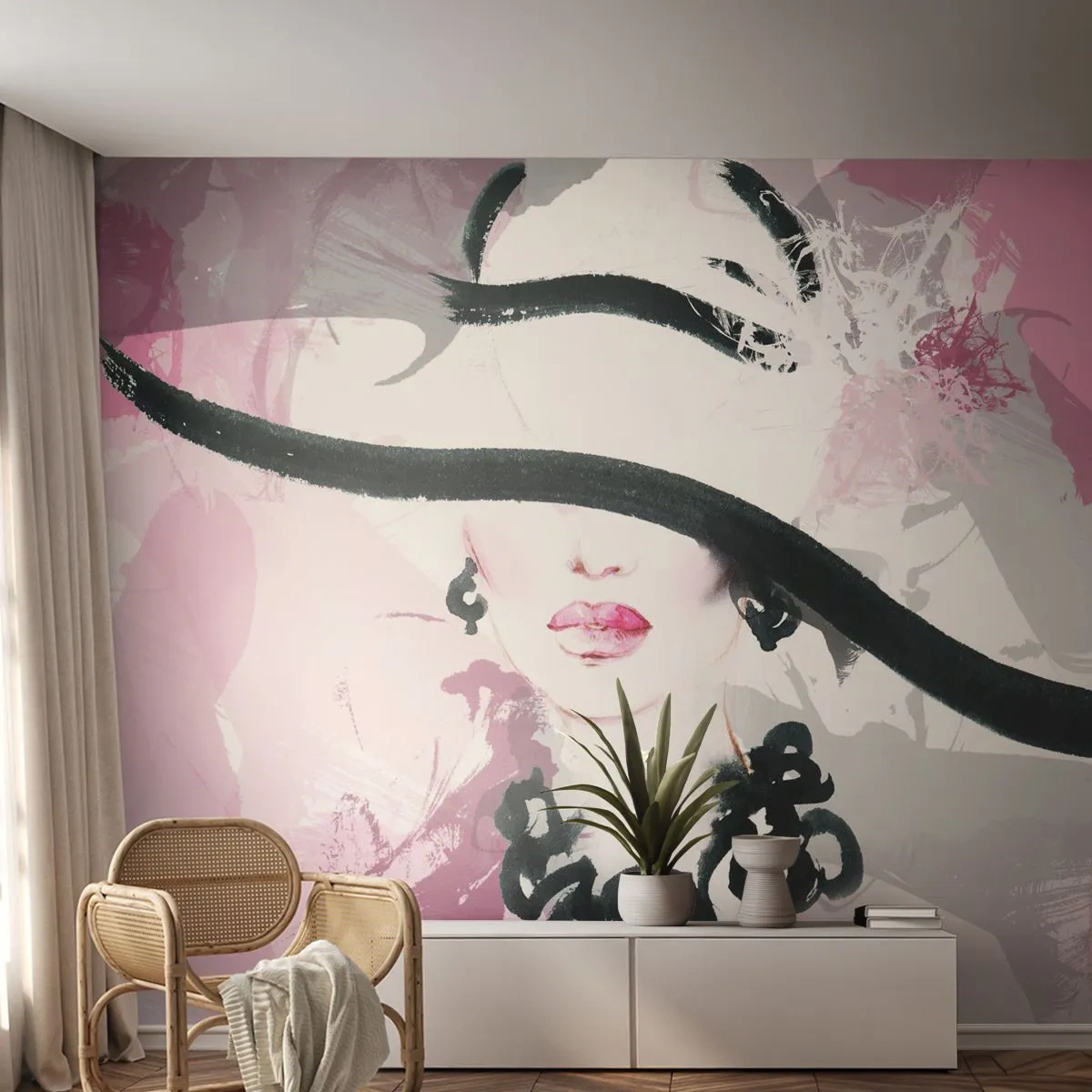 Fototapete Premium Sand - Stilvolle Frau mit Hut auf abstraktem Hintergrund - 100x70cm - Bildnis einer Dame in Schwarz und Pink - Moderne Wanddekoration für Wohnzimmer und Schlafzimmer ARTTOR
