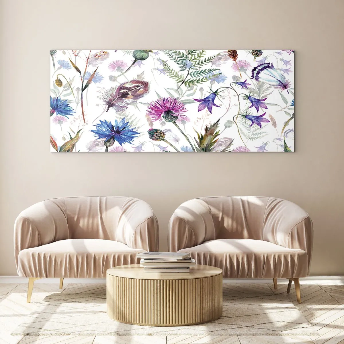 Glasbild - Bild auf glas - Aquarellblumen und Kräuter auf weißem Hintergrund im Herbarium-Stil - 140x50cm - Polnisches Herbarium - Moderne Wanddekoration für Wohnzimmer und Schlafzimmer ARTTOR