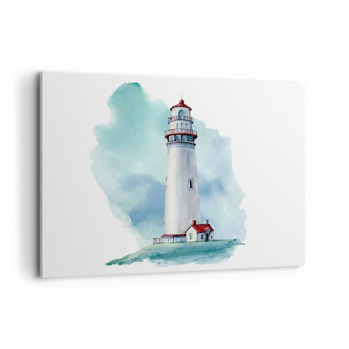 Bild auf Leinwand - Leinwandbild - Ein Leuchtturm vor einem aquarellblauen Hintergrund - 100x70cm - Sanfte Schwester vom Blau - Moderne Wanddekoration für Wohnzimmer und Schlafzimmer ARTTOR