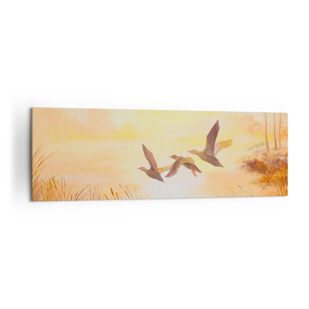 Bild auf Leinwand - Leinwandbild - Enten fliegen bei Sonnenaufgang über den See - 160x50cm - Der Beginn einer langen Reise - Moderne Wanddekoration für Wohnzimmer und Schlafzimmer ARTTOR
