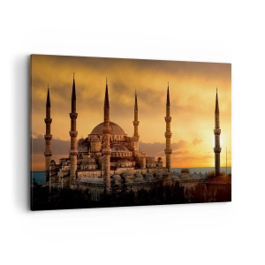 Bild auf Leinwand - Leinwandbild - Die Moschee bei Sonnenuntergang in warmen Farben - 120x80cm - Gott ist großartig - Moderne Wanddekoration für Wohnzimmer und Schlafzimmer ARTTOR