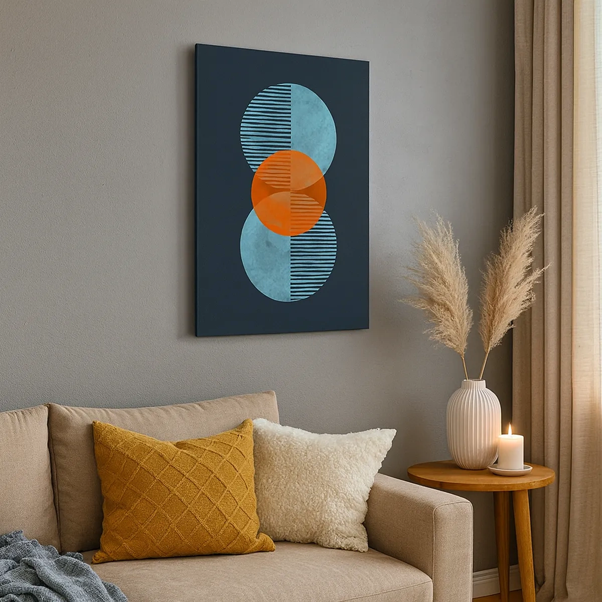Bild auf Leinwand - Leinwandbild - Geometrische Kreise in Blau- und Orangetönen - 50x70cm - Symmetrische Komposition - Moderne Wanddekoration für Wohnzimmer und Schlafzimmer ARTTOR