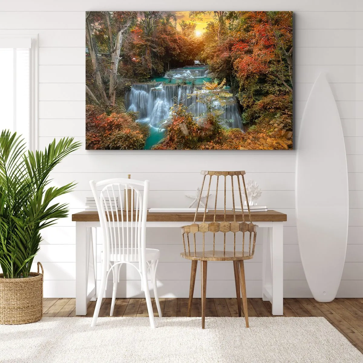 Bild auf Leinwand - Leinwandbild - Herbstlicher Wasserfall, umgeben von bunten Bäumen im Sonnenlicht - 70x50cm - Versteckter Schatz des Waldes - Moderne Wanddekoration für Wohnzimmer und Schlafzimmer ARTTOR