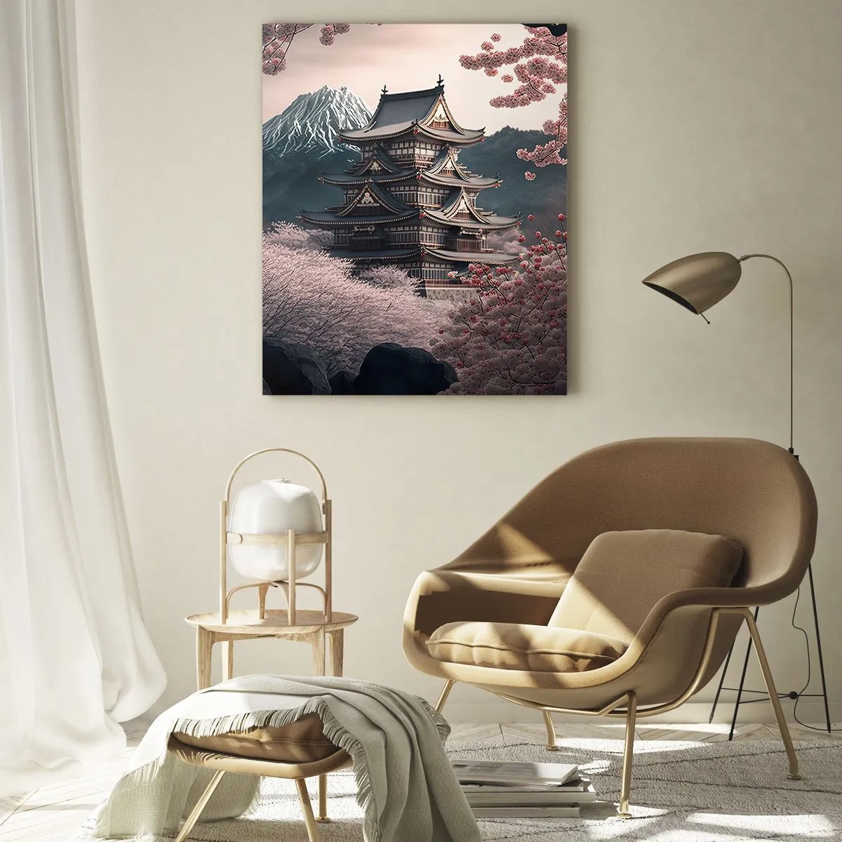 Glasbild - Bild auf glas - Ein japanischer Tempel, umgeben von Kirschblüten und Bergen - 80x120cm - Land der Kirschblüten - Moderne Wanddekoration für Wohnzimmer und Schlafzimmer ARTTOR