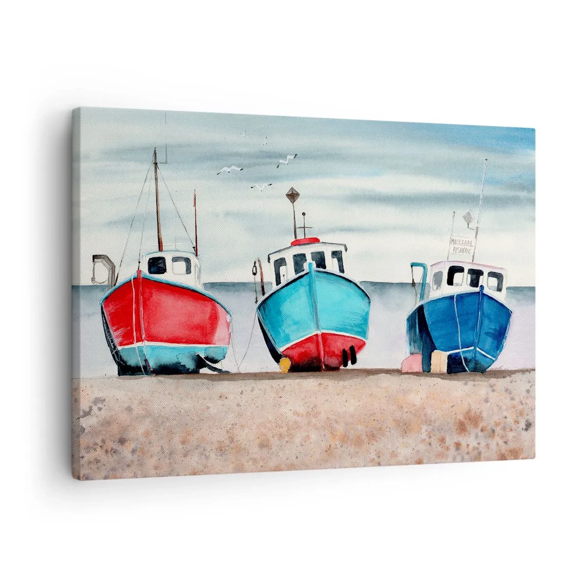 Bild auf Leinwand - Leinwandbild - Bunte Fischerboote am Ufer in einer Meereslandschaft - 70x50cm - Bereit zum Fang - Moderne Wanddekoration für Wohnzimmer und Schlafzimmer ARTTOR