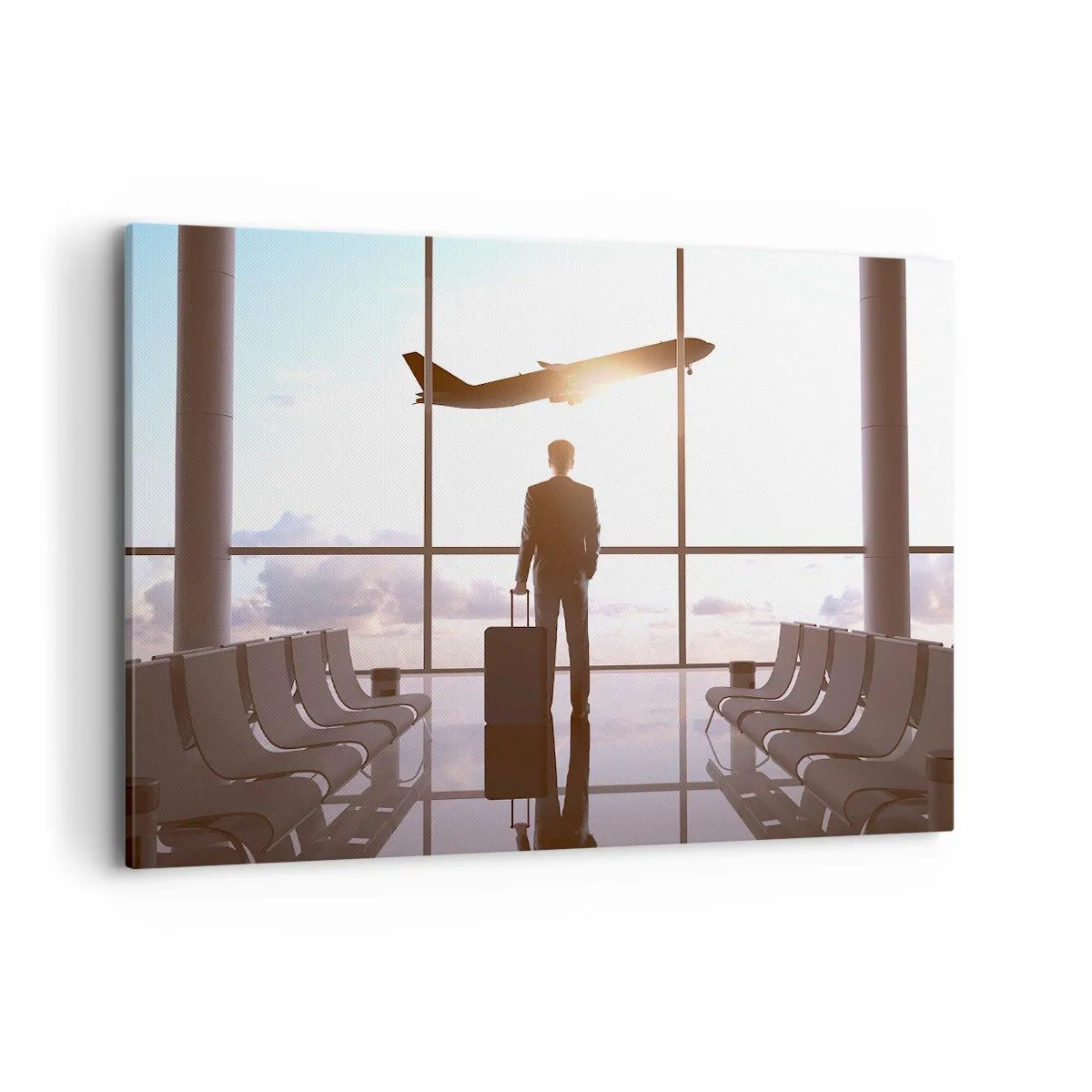 Bild auf Leinwand - Leinwandbild - Geschäftsmann am Flughafen mit einem Flugzeug im Hintergrund - 100x70cm - Du hast Zeit, lass dir Zeit - Moderne Wanddekoration für Wohnzimmer und Schlafzimmer ARTTOR