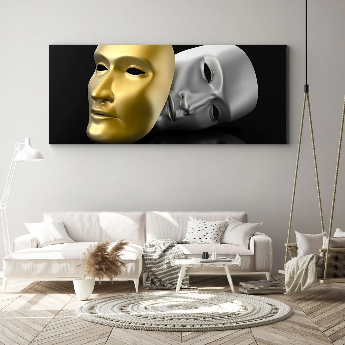 Bild auf Leinwand - Leinwandbild - Gold- und Silbermaske auf schwarzem Hintergrund - 120x50cm - Das Leben ist wie ein Theater - Moderne Wanddekoration für Wohnzimmer und Schlafzimmer ARTTOR