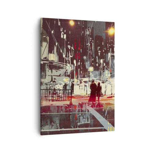 Bild auf Leinwand - Leinwandbild - Stadt bei Nacht mit Neonlichtern und Silhouetten von Menschen auf der Straße - 50x70cm - Eine große Stadtüberquerung - Moderne Wanddekoration für Wohnzimmer und Schlafzimmer ARTTOR