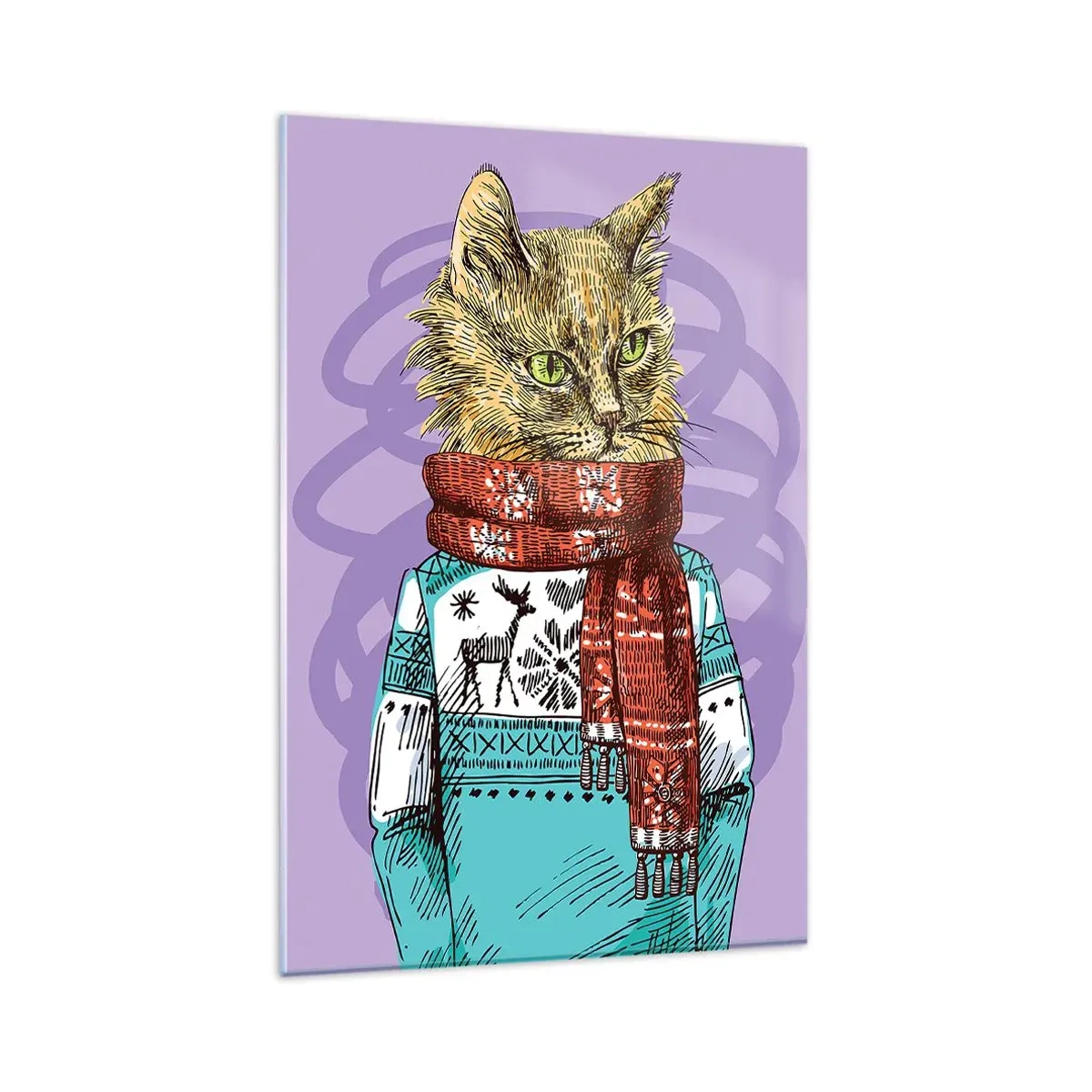 Glasbild - Bild auf glas - Eine Katze in Pullover und Schal auf violettem Hintergrund - 80x120cm - Die Katze nicht nur in Schuhen - Moderne Wanddekoration für Wohnzimmer und Schlafzimmer ARTTOR