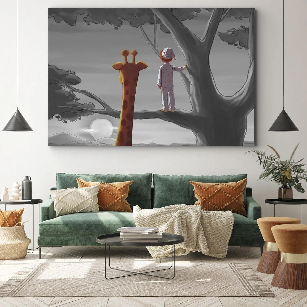 Bild auf Leinwand - Leinwandbild - Ein Kind und eine Giraffe auf einem Ast in einer Märchenlandschaft - 100x70cm - Das passiert wirklich - Moderne Wanddekoration für Wohnzimmer und Schlafzimmer ARTTOR
