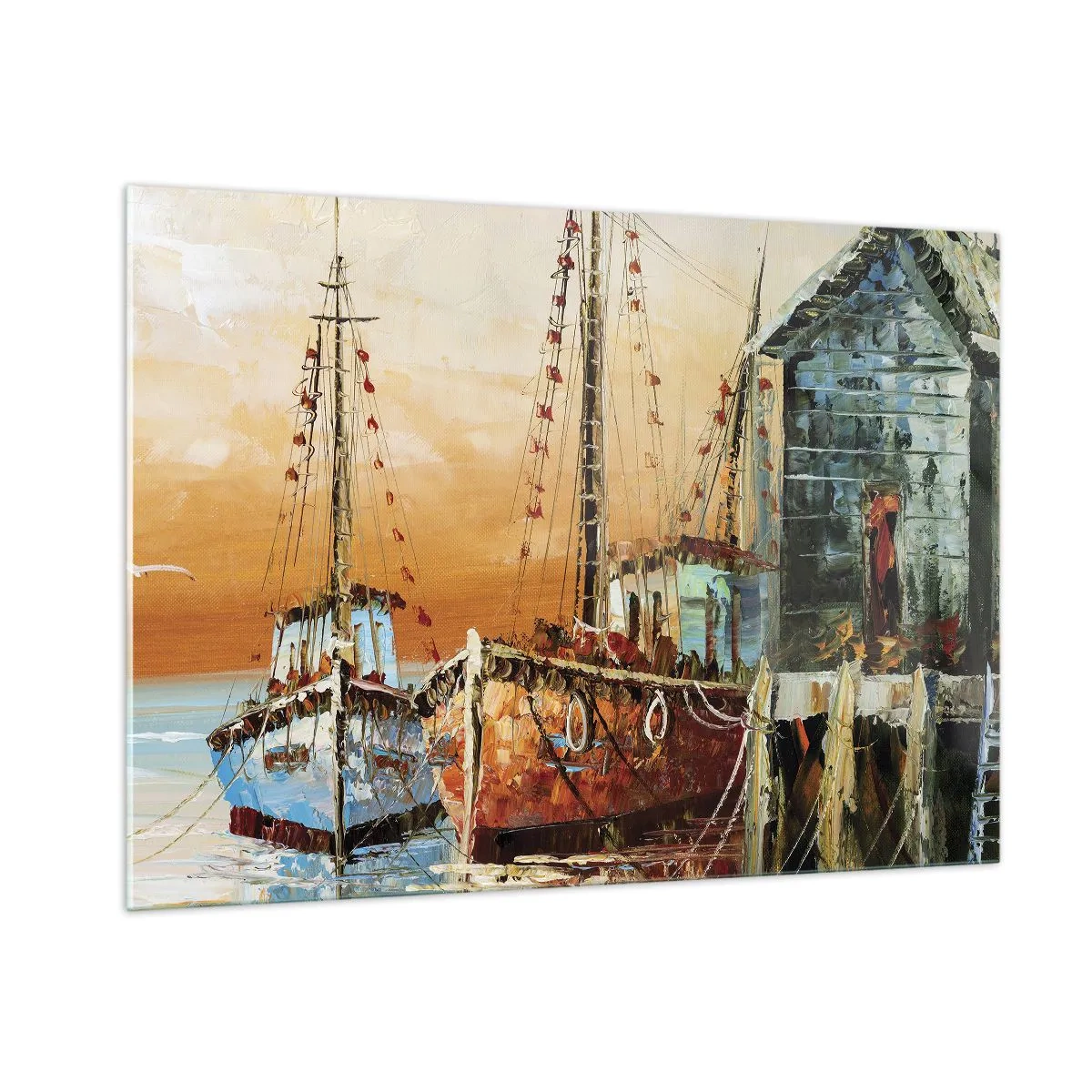 Glasbild - Bild auf glas - Bunte Boote im Yachthafen - 100x70cm - Friedliche Rückkehr - Moderne Wanddekoration für Wohnzimmer und Schlafzimmer ARTTOR