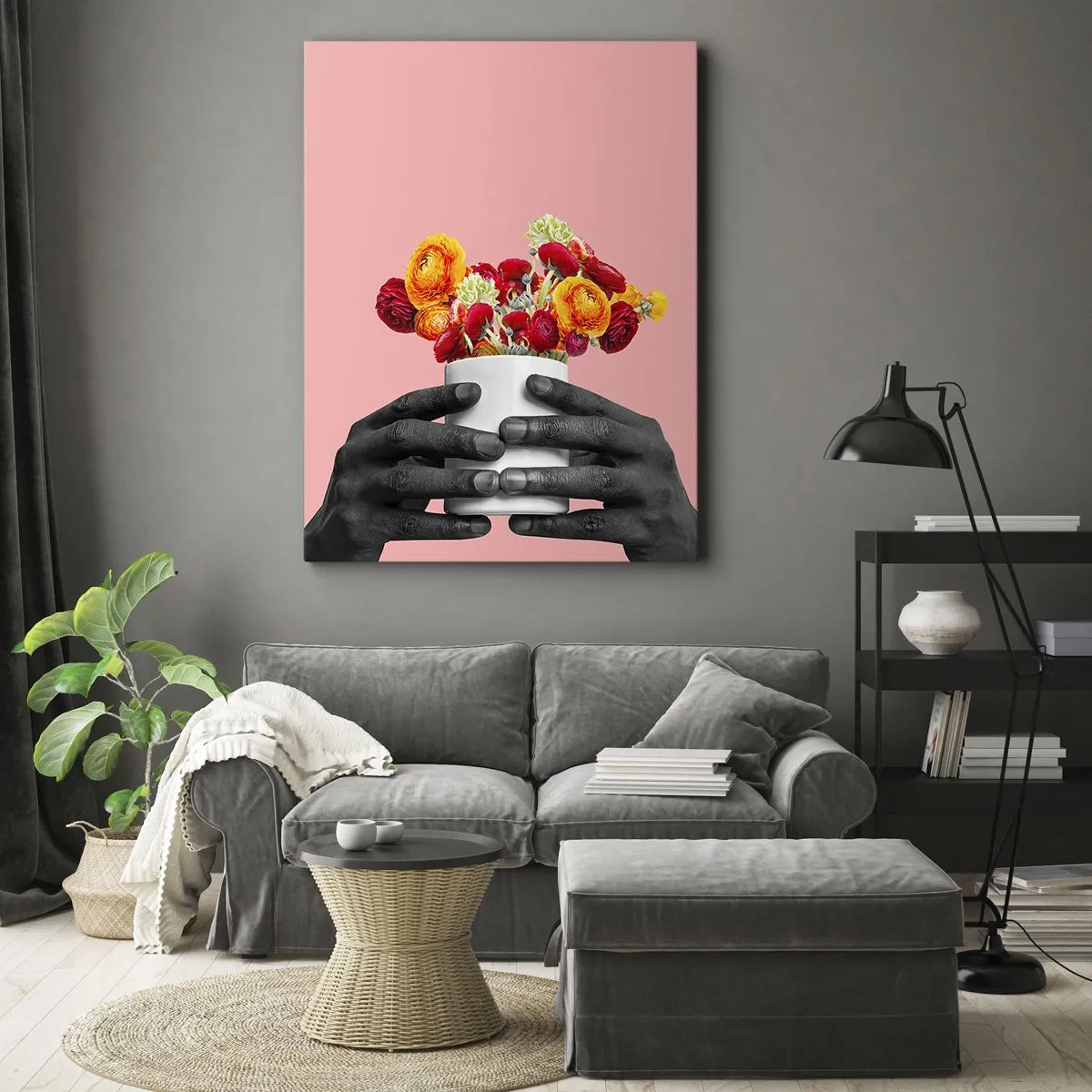 Bild auf Leinwand - Leinwandbild - Hände halten einen Strauß bunter Blumen - 80x120cm - Die Apotheose des Lebens - Moderne Wanddekoration für Wohnzimmer und Schlafzimmer ARTTOR