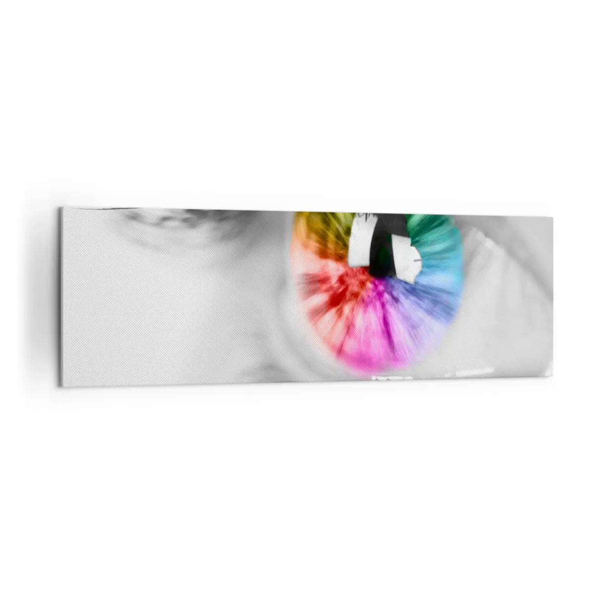 Bild auf Leinwand - Leinwandbild - Künstlerische Aufnahme eines Auges mit einer Regenbogeniris auf grauem Hintergrund - 160x50cm - Schau dir die Welt in Farbe an - Moderne Wanddekoration für Wohnzimmer und Schlafzimmer ARTTOR