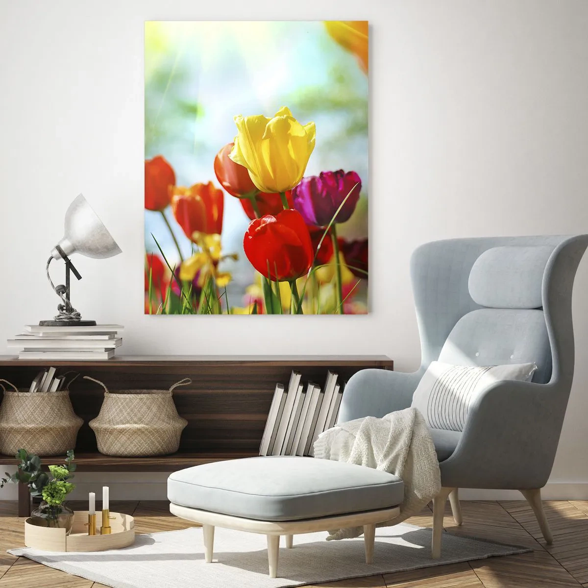 Glasbild - Bild auf glas - Bunte Tulpen, beleuchtet von den Sonnenstrahlen - 50x70cm - Alle Farben der Sonne - Moderne Wanddekoration für Wohnzimmer und Schlafzimmer ARTTOR