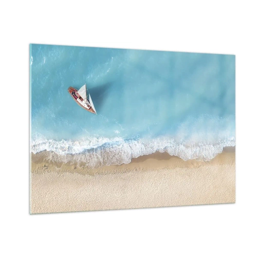 Glasbild - Bild auf glas - Ein Segelboot auf dem azurblauen Meer an einem Sandstrand - 100x70cm - An der Grenze von Blau und Gold - Moderne Wanddekoration für Wohnzimmer und Schlafzimmer ARTTOR