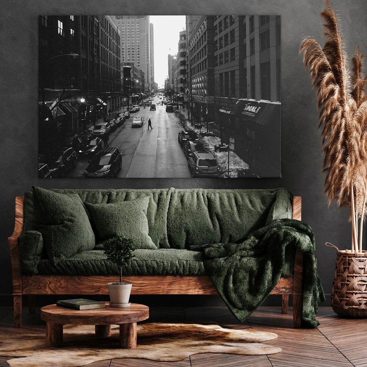 Bild auf Leinwand - Leinwandbild - Eine schwarz-weiße Straße mitten in der Stadt mit Autos und Fußgängern - 120x80cm - Ein weiterer Tag wie jeder andere Tag - Moderne Wanddekoration für Wohnzimmer und Schlafzimmer ARTTOR