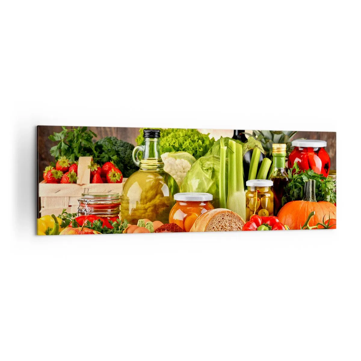 Bild auf Leinwand - Leinwandbild - Buntes Obst, Gemüse und Lebensmittel - 160x50cm - Geräuchert, gebacken und eingelegt - Moderne Wanddekoration für Wohnzimmer und Schlafzimmer ARTTOR