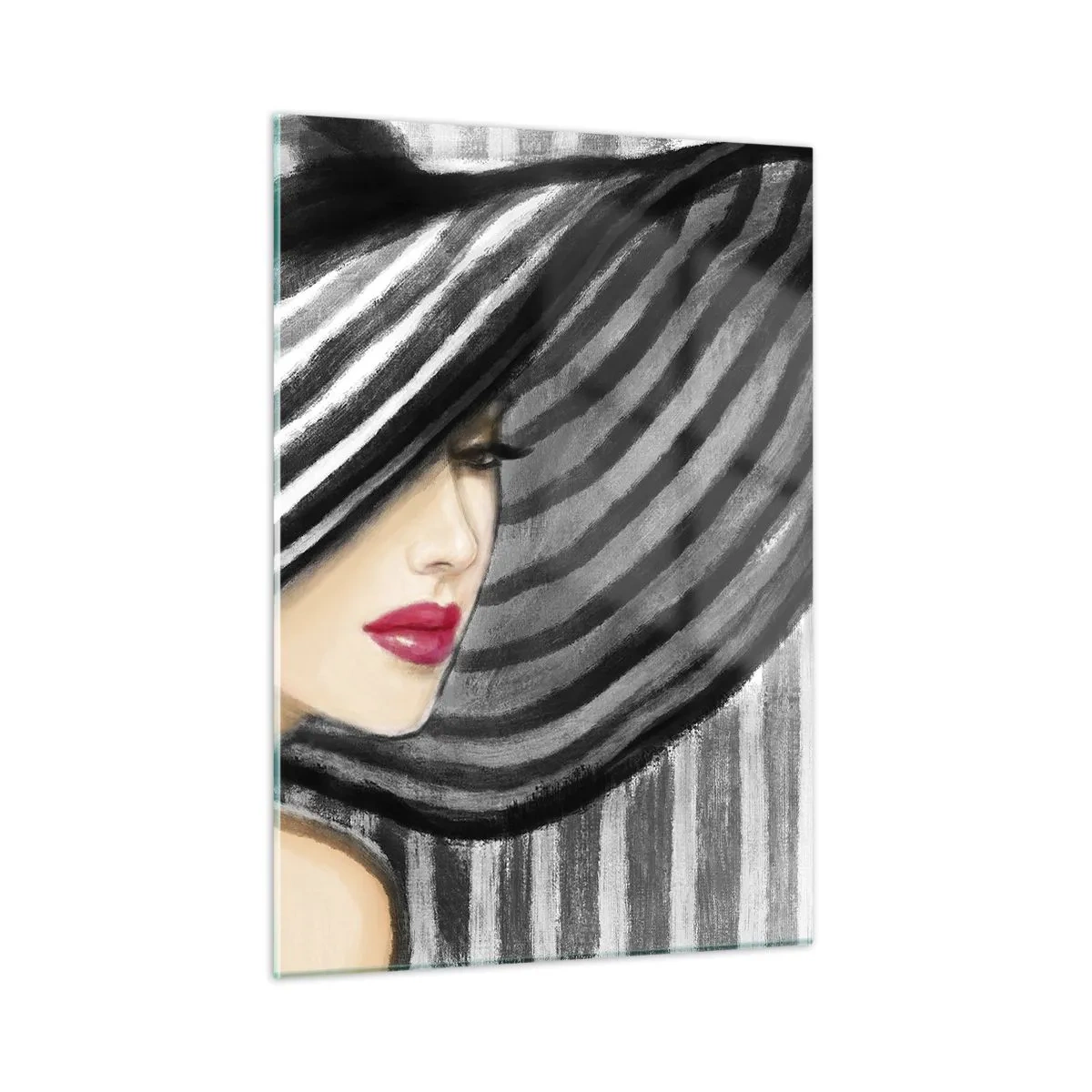 Glasbild - Bild auf glas - Stilvolle Frau mit schwarz-weiß gestreiftem Hut - 50x70cm - Wo soll ich dich finden? - Moderne Wanddekoration für Wohnzimmer und Schlafzimmer ARTTOR