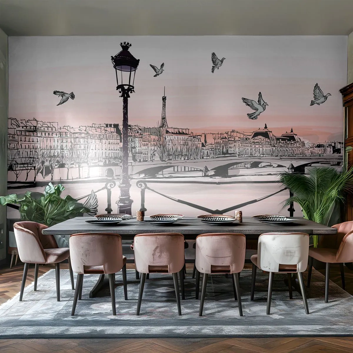 Fototapete Premium Sand - Romantische Darstellung einer Stadt mit einer Brücke und einer Laterne - 100x70cm - Über den Dächern von Paris - Moderne Wanddekoration für Wohnzimmer und Schlafzimmer ARTTOR