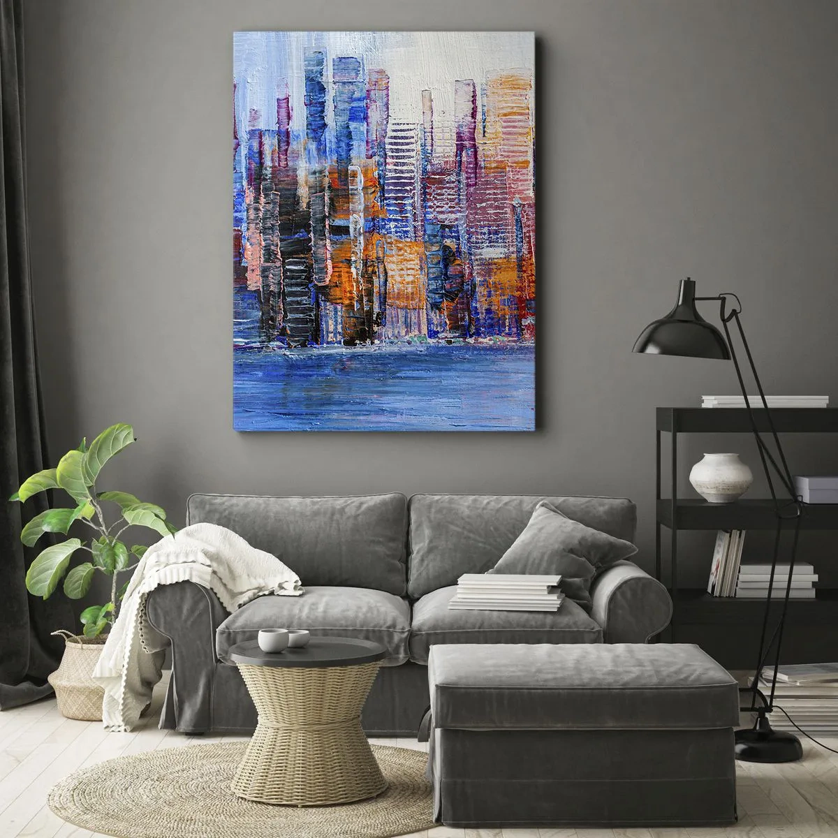 Bild auf Leinwand - Leinwandbild - Ein farbenfrohes Panorama der Stadt mit Spiegelungen auf dem Wasser - 80x120cm - Fröhliche Metropole - Moderne Wanddekoration für Wohnzimmer und Schlafzimmer ARTTOR
