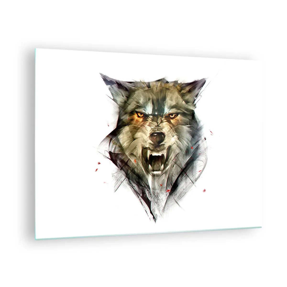 Glasbild - Bild auf glas - Eine Grafik eines bedrohlichen Wolfes mit offenem Maul und intensivem Blick - 70x50cm - Kein Schritt näher! - Moderne Wanddekoration für Wohnzimmer und Schlafzimmer ARTTOR