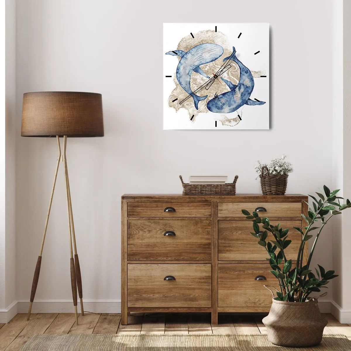 Wanduhr - Glasuhr - Abstrakte Blauwale auf hellem Hintergrund - 30x30cm - Freundschaft oder Liebe? - Moderne Wanddekoration für Wohnzimmer und Schlafzimmer ARTTOR