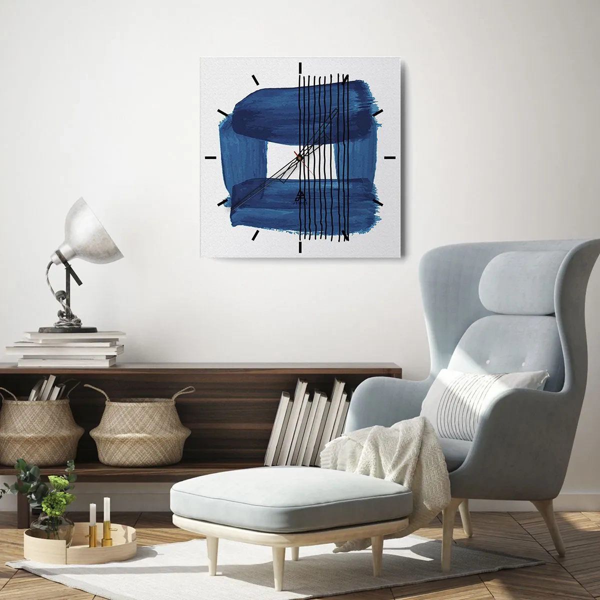 Wanduhr - Glasuhr - Abstraktes Muster in Blautönen mit schwarzen Linien - 30x30cm - Blaue und schwarze Komposition - Moderne Wanddekoration für Wohnzimmer und Schlafzimmer ARTTOR